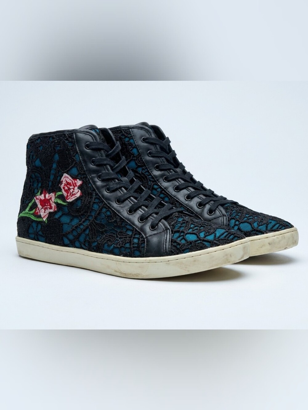 Black Lace-Overlay High-Top Sneakers with Teal Underlay